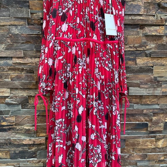 Self-Portrait Floral Chiffon Maxi Dress Red Cold Shoulder Pleated Hi-Low Size SM - Picture 10 of 16